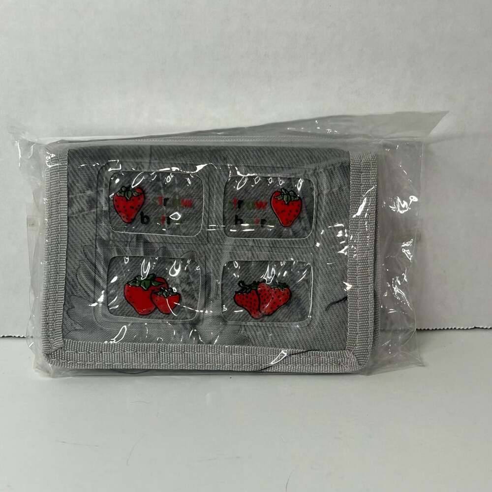 Unbranded Gray Denim Print Strawberry Wallet with Key Ring and Zip Pocket